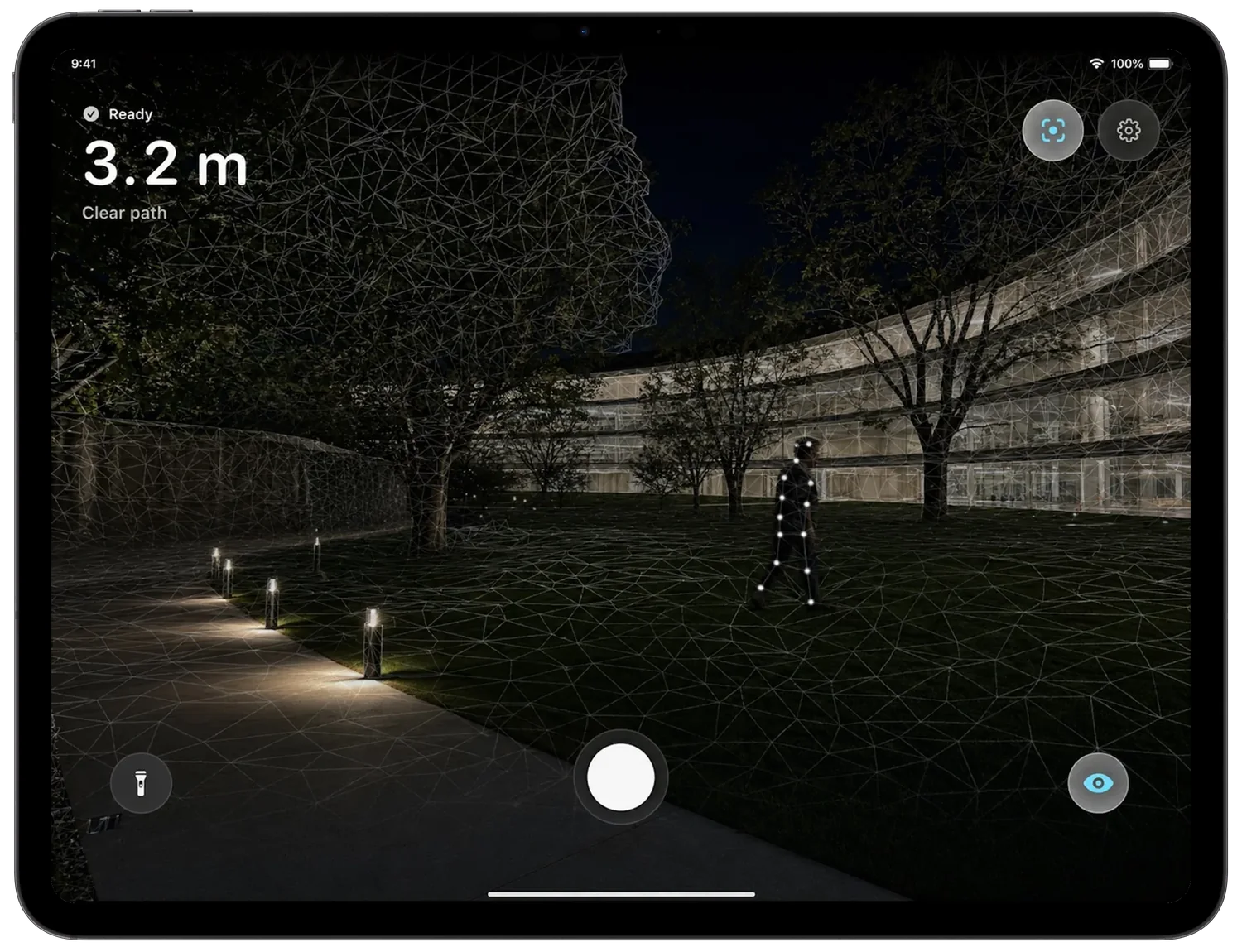 DarkSight on iPad: a 3.2 m readout over the live mesh of a courtyard
