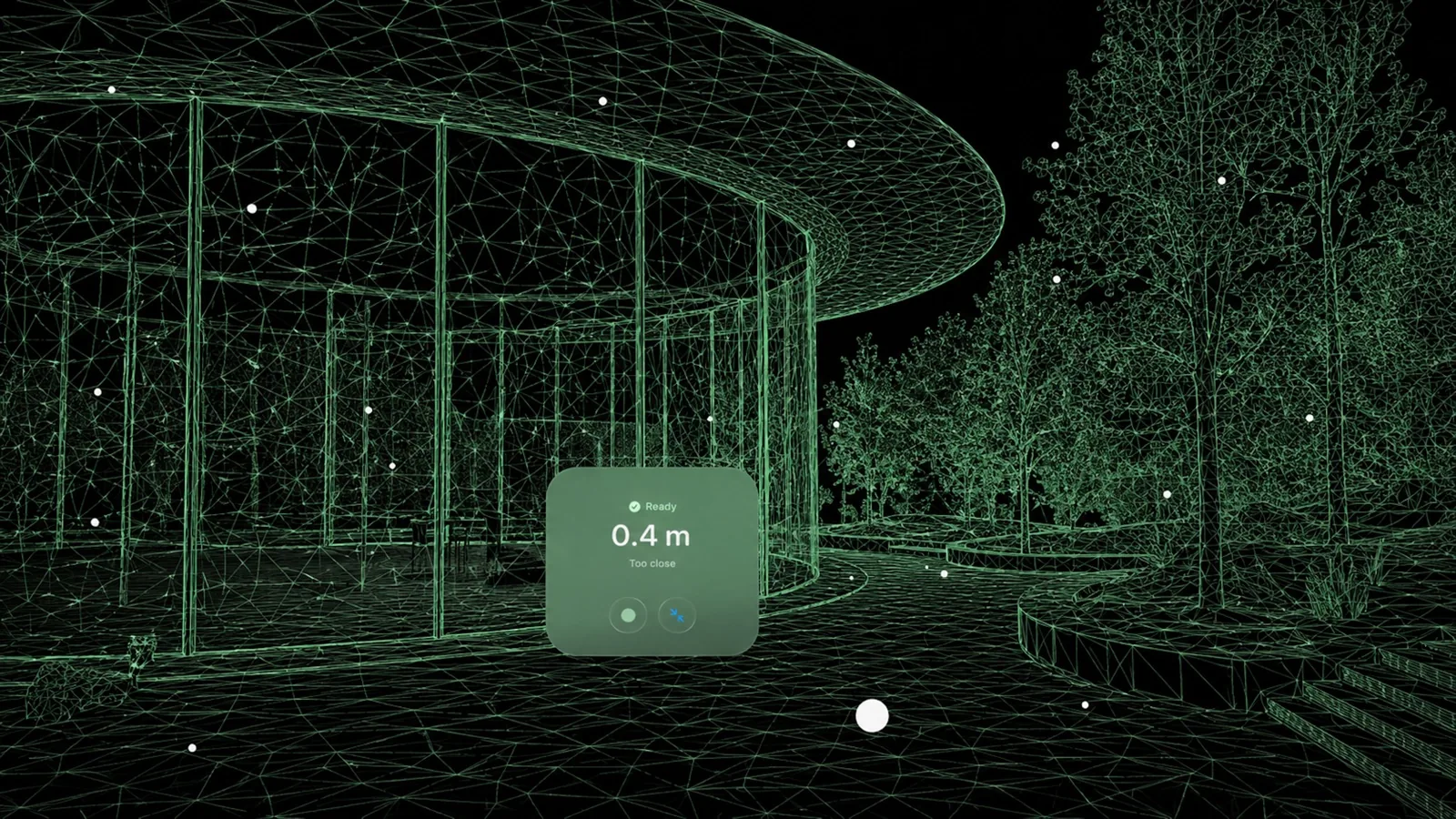 A green mesh of a garden at night on Apple Vision Pro, with the control window showing 0.4 m