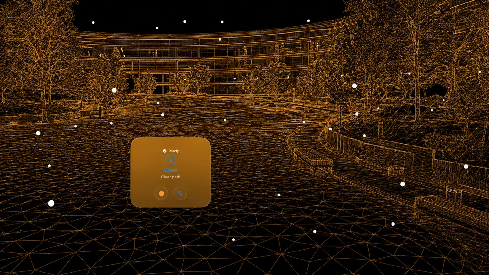 An amber mesh of a courtyard on Apple Vision Pro