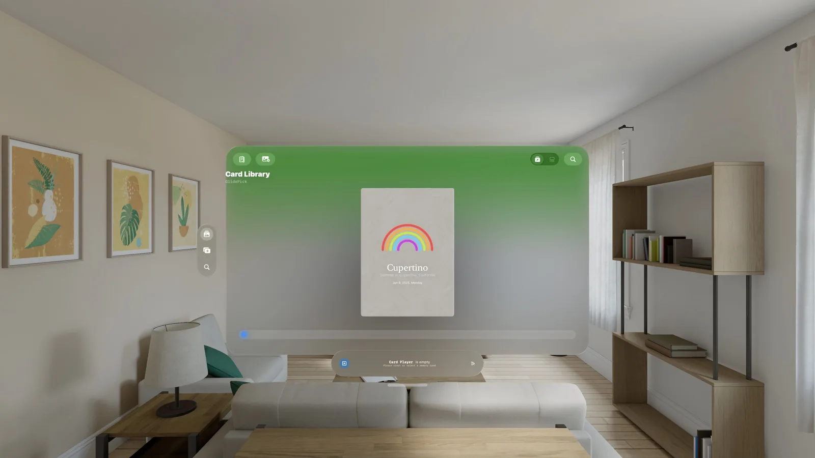 The Card Library in a window in a living room on Apple Vision Pro