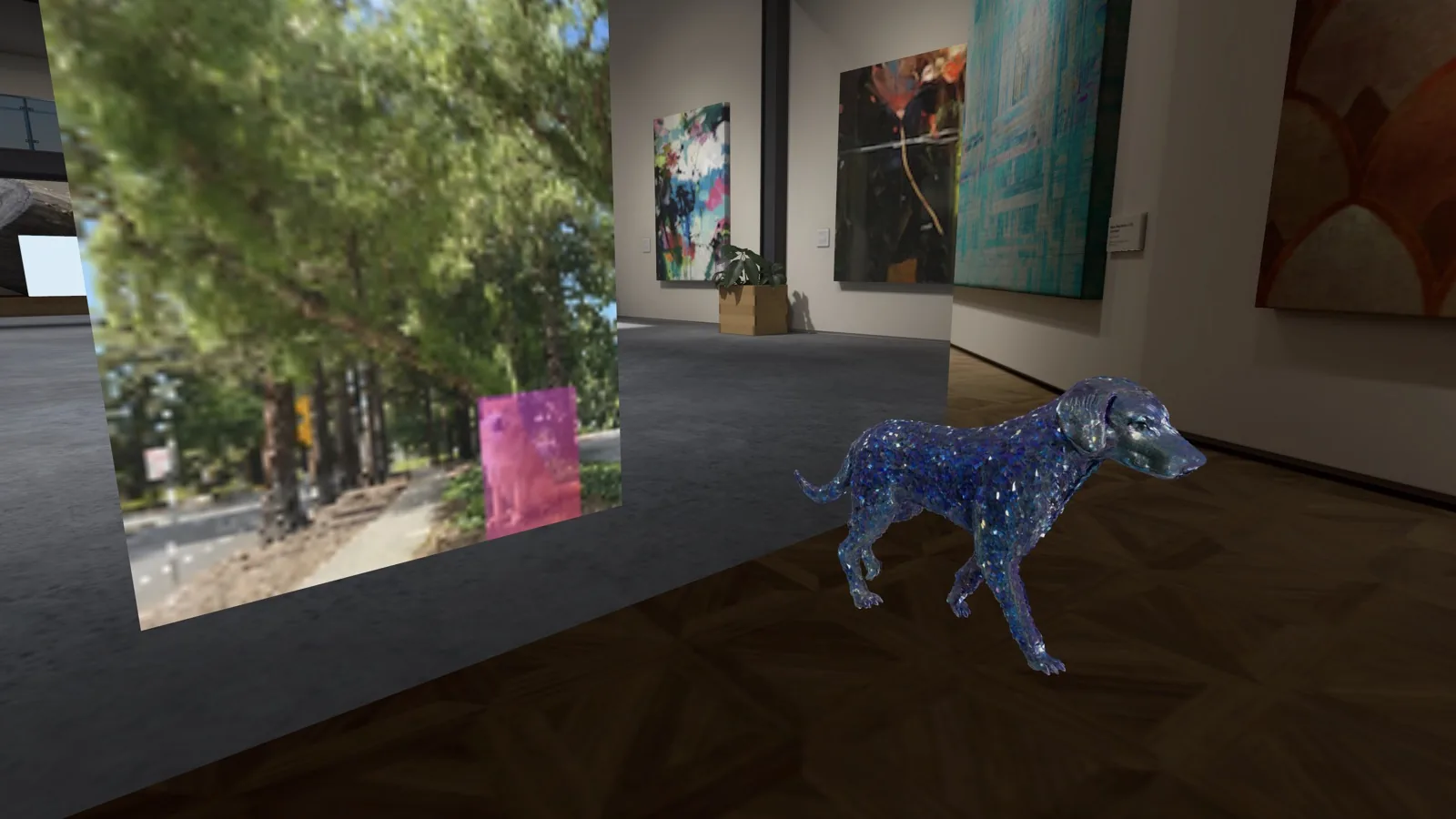 A dog stepping out of a photo card into the room on Apple Vision Pro