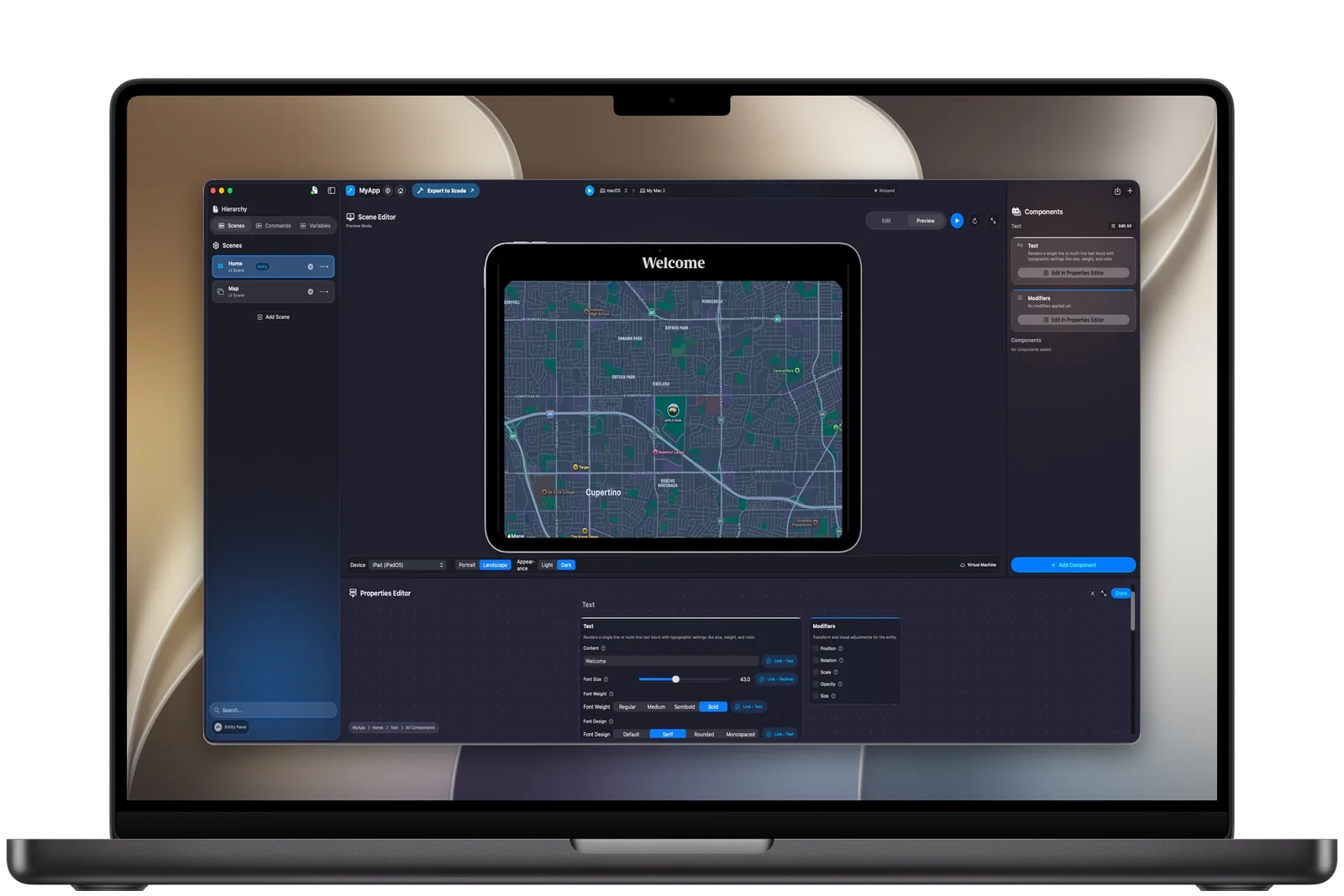 The OpenReality editor on a MacBook Pro with a map scene