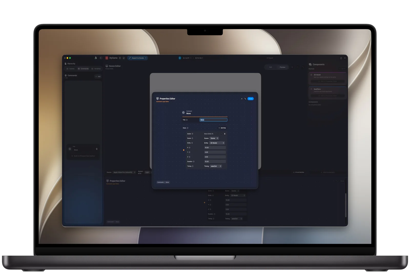 The Command Logic Editor with a Move Entity To step