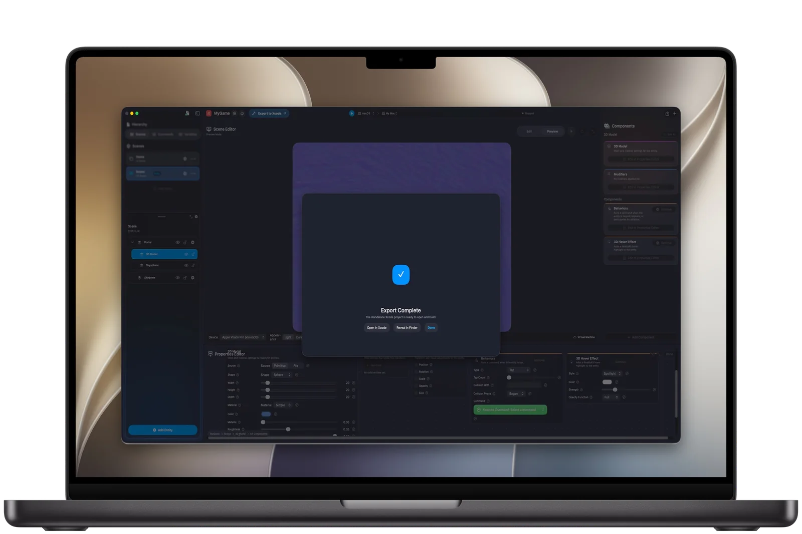The Export Complete dialog in OpenReality