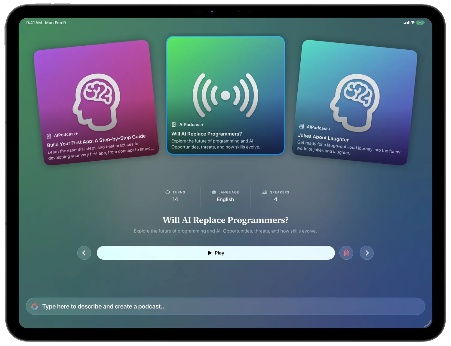 The episode library on iPad, with three episode covers and a Play button