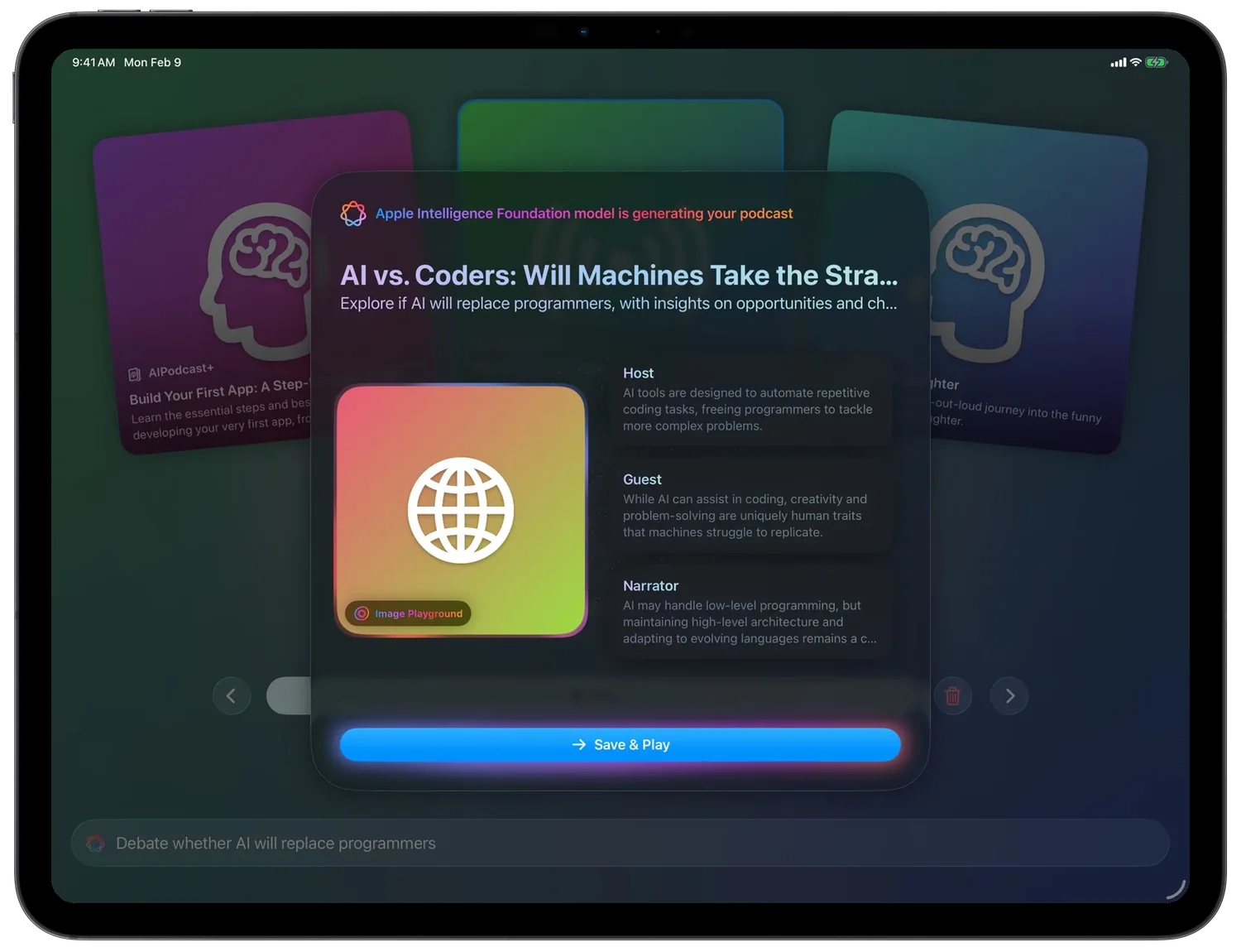 A generated episode, AI vs. Coders, with its summary and lines