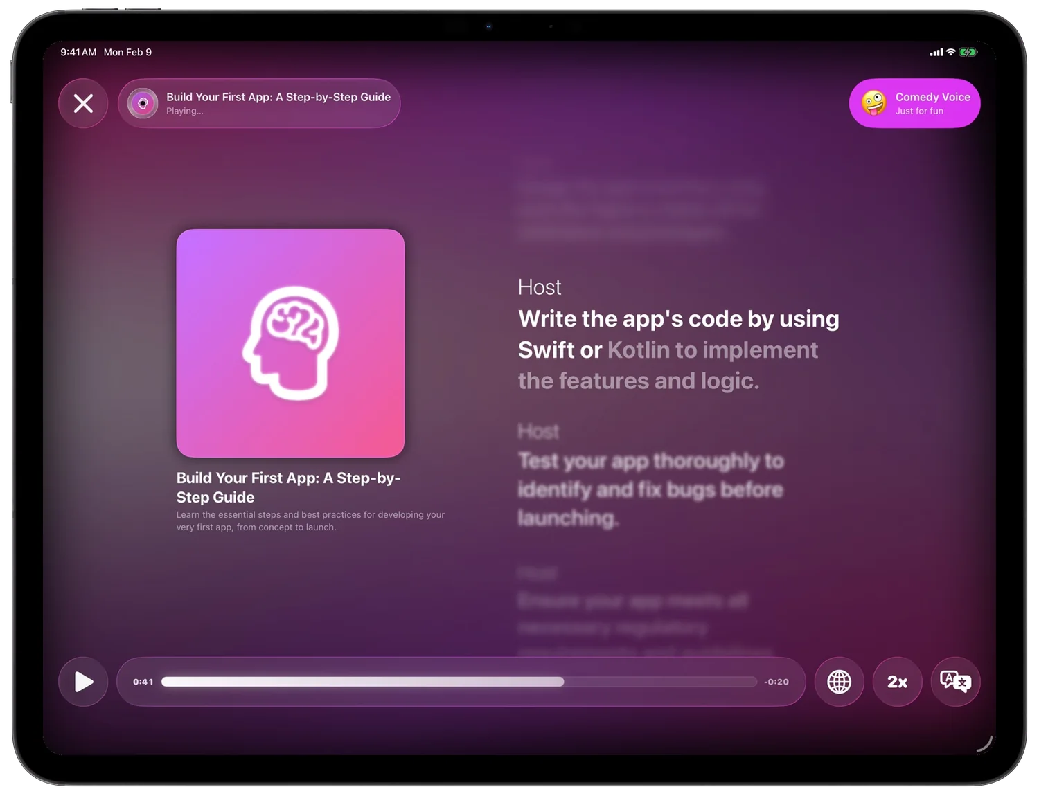 The player for Build Your First App, with a progress bar