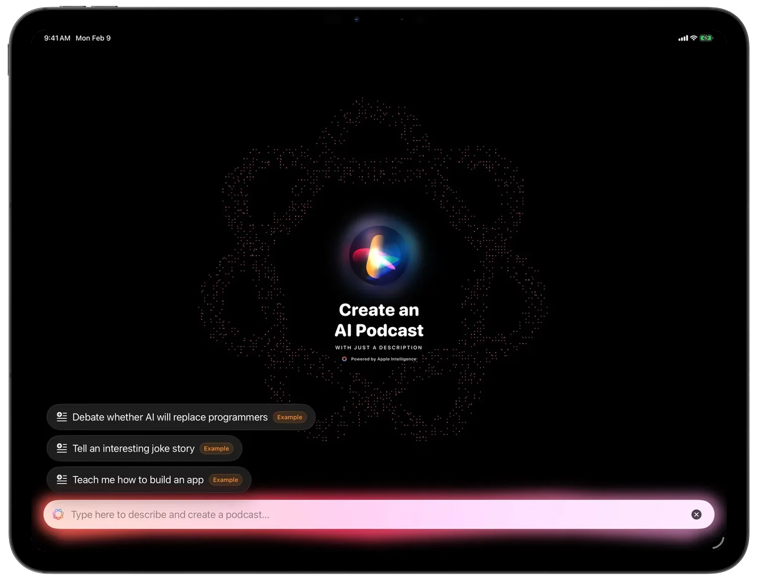 The Create an AI Podcast screen with a prompt field and example prompts