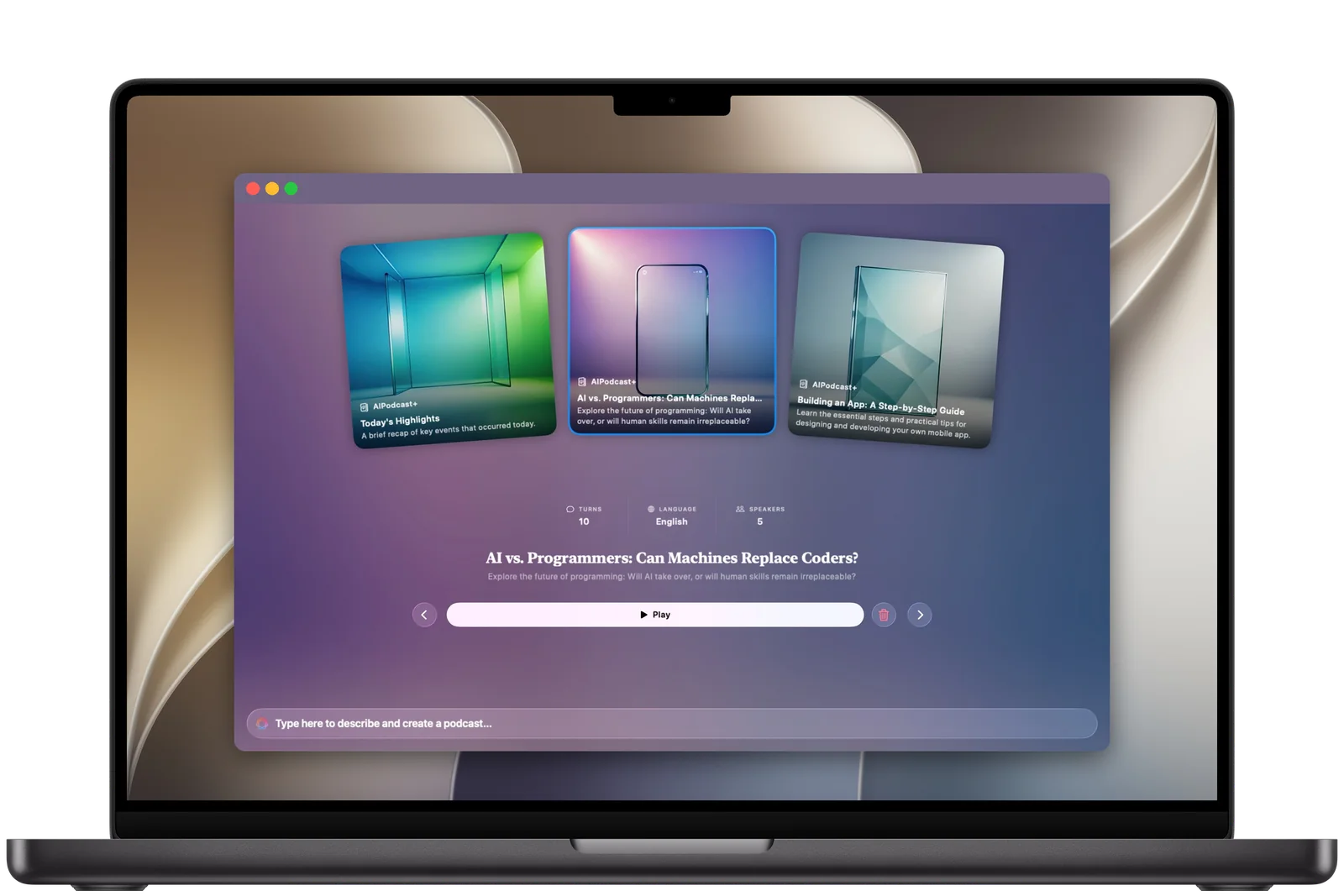 PodcastIntelligent on a MacBook Pro with three episode cards