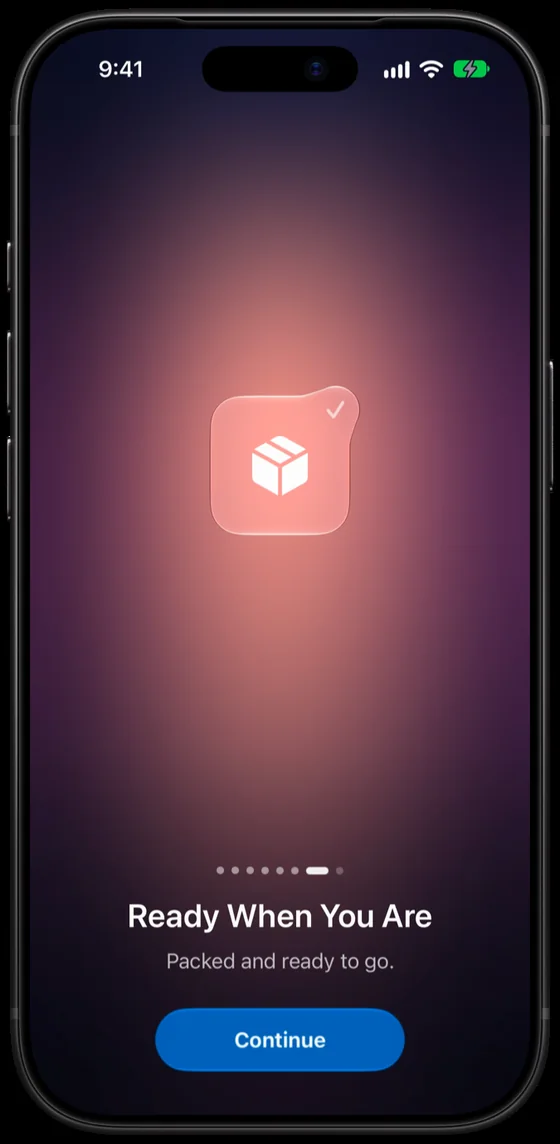 Glass gathered into an app icon with a badge, titled Ready When You Are