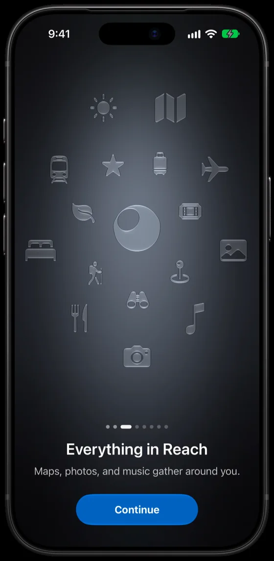 Glass symbols scattered around the mark, titled Everything in Reach