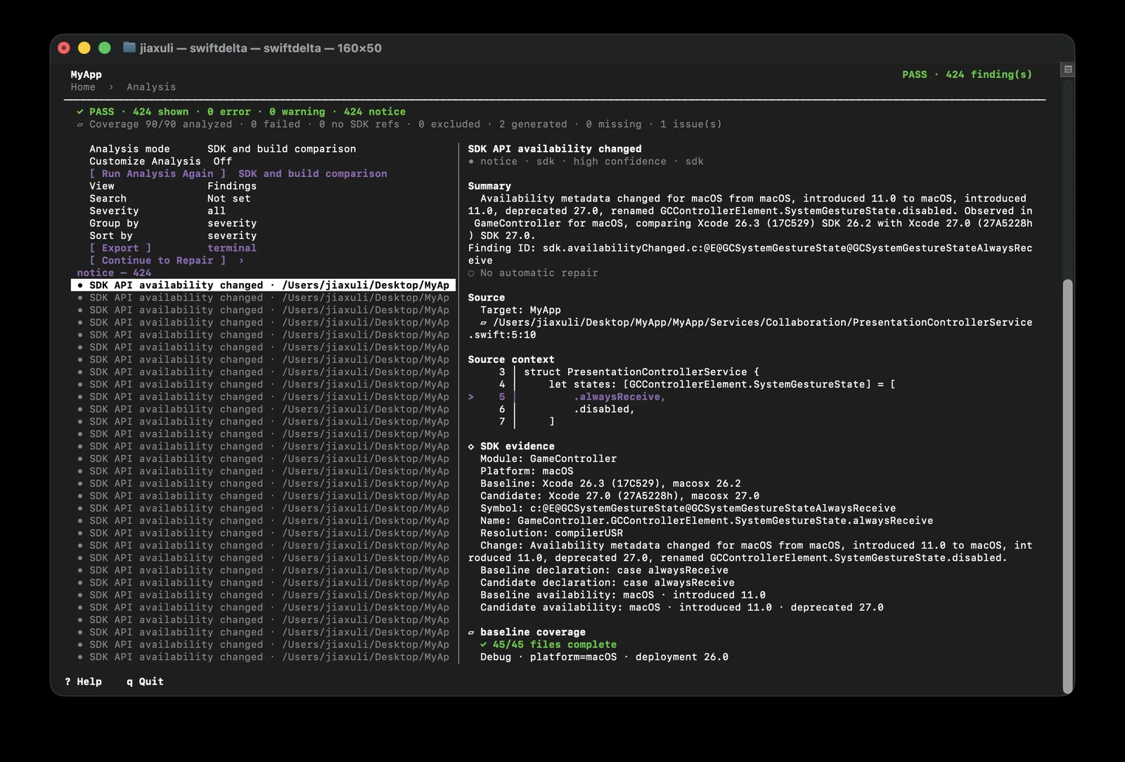 SwiftDelta Analysis showing coverage, a list of findings, source context and SDK evidence