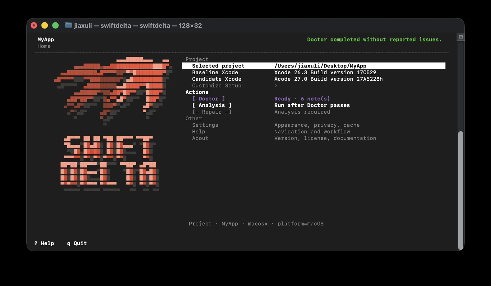 SwiftDelta Home showing the selected project, two Xcodes, and Doctor, Analysis and Repair status