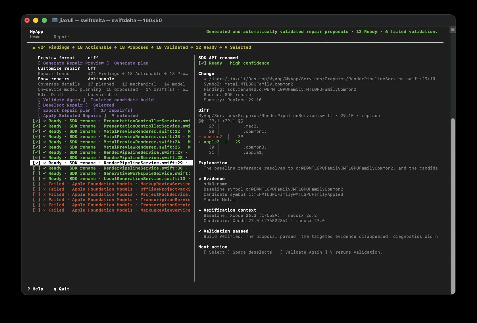 SwiftDelta Repair showing validated repairs, a diff and its evidence